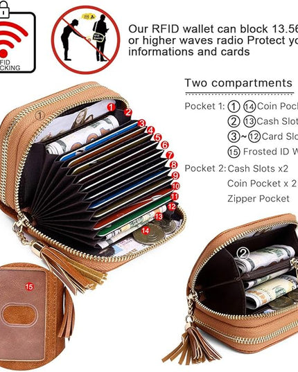 APHISON RFID Credit Card Holder Zipper Card Case Keychain Small Wallet for Women 1942-2 BROWN