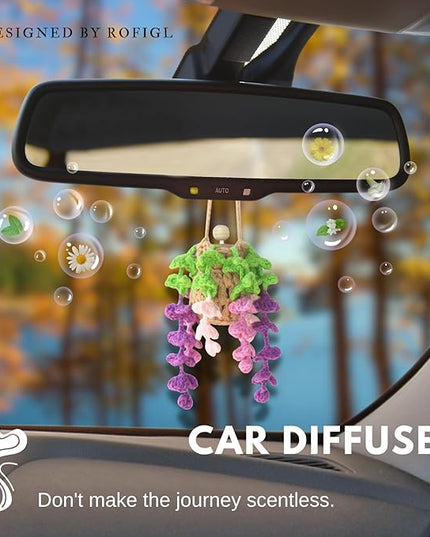 Handmade Crochet Hanging Car Air Freshener - Botanical Wisteria Blossom Design with 12ml Refillable Glass Essential Oil Bottle, Long-Lasting Car Diffuser & Nature-Inspired Decor