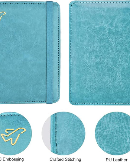 WALNEW Passport Holder for Travel, RFID Passport Cover Wallet for Women Men, PU Leather Passport Book Card Holder Case with Pen (Elastic Band Closure, C-Blue)