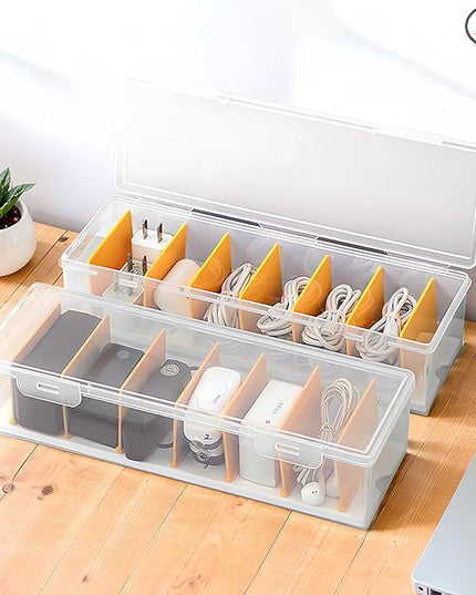 2 Pack Clear Cable Organizer Box with Lid, Plastic Charger Cable Cord Storage Organizer, Office Desk Organizers, Multifunctional Accessories Storage for Home Drawer Office, Stackable