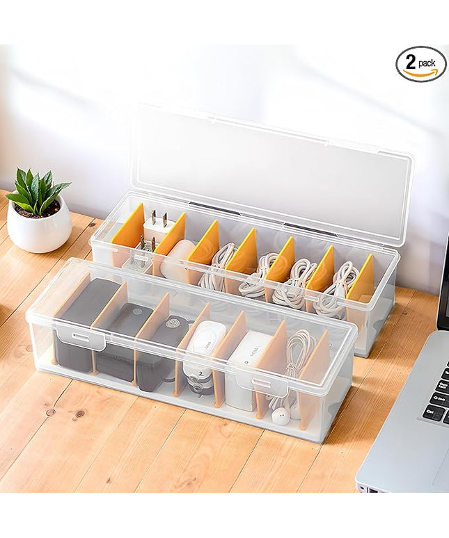 2 Pack Clear Cable Organizer Box with Lid, Plastic Charger Cable Cord Storage Organizer, Office Desk Organizers, Multifunctional Accessories Storage for Home Drawer Office, Stackable