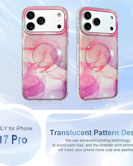 Cute Case for iPhone 17 Pro Case for Women Girls [Compatible with Magsafe] Aesthetic Girly Trendy Glitter Sparkly Bling Magnetic Protective Phone Cover, Pink