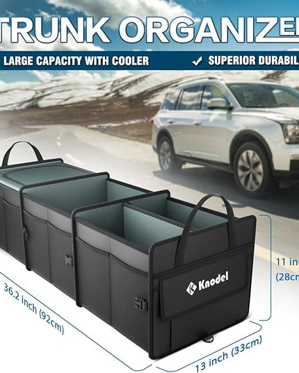 K KNODEL Sturdy Car Trunk Organizer with Premium Insulation Cooler Bag, 3 Compartments Heavy Duty Collapsible for Car, SUV, Truck, or Van (Large, Black)