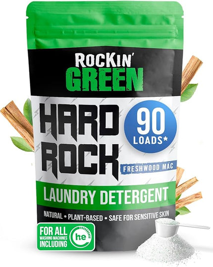 Rockin' Green Hard Rock Laundry Detergent for Hard Water (90 Loads), Plant based, Natural Laundry Detergent Powder, Biodegradable Odor Fighter, Safe for Sensitive Skin, 45 oz (Freshwood Mac)