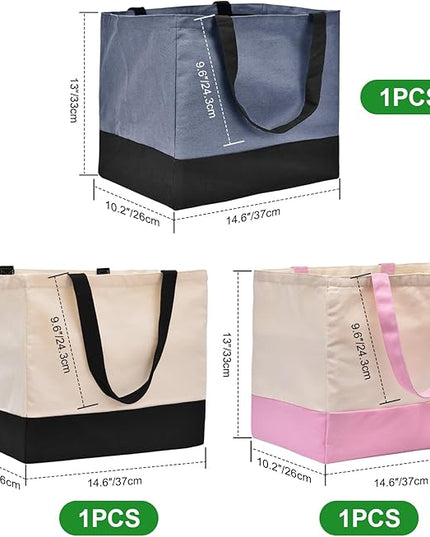 3 Pack Canvas Reusable Grocery Bags Heavy Duty（Blue + Pink + Black）, 8.3 gal Foldable Large Tote Bag with Handles, Holds 60 lbs Canvas Shopping Bags & Washable Eco-friendly Bags with 5 Pockets