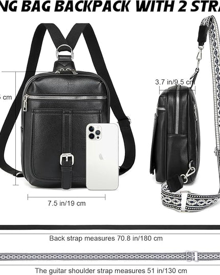 Sling Bag Crossbody Backpack - 2 in 1 Leather Cross Body Bag Fanny Pack with 2 Removable Straps