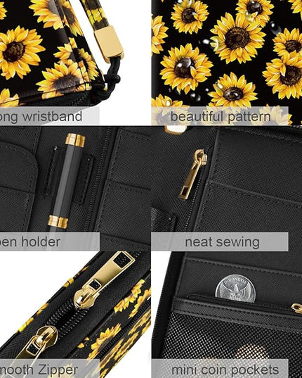 Family Passport Holder Wallet RFID Blocking Document Organizer PU Leather Mulit-purpose Travel Wallet Credit Cards Case for Women Men,Sunflowers