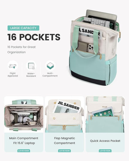 LOVEVOOK Laptop Backpack for Women, 15.6 Inch Work Laptop Bag with USB Port, Fashion Teacher Nurse Backpack Purse, Waterproof Travel Computer Backpack with Organizer Bag, 2PCS, Beige-Mint Green