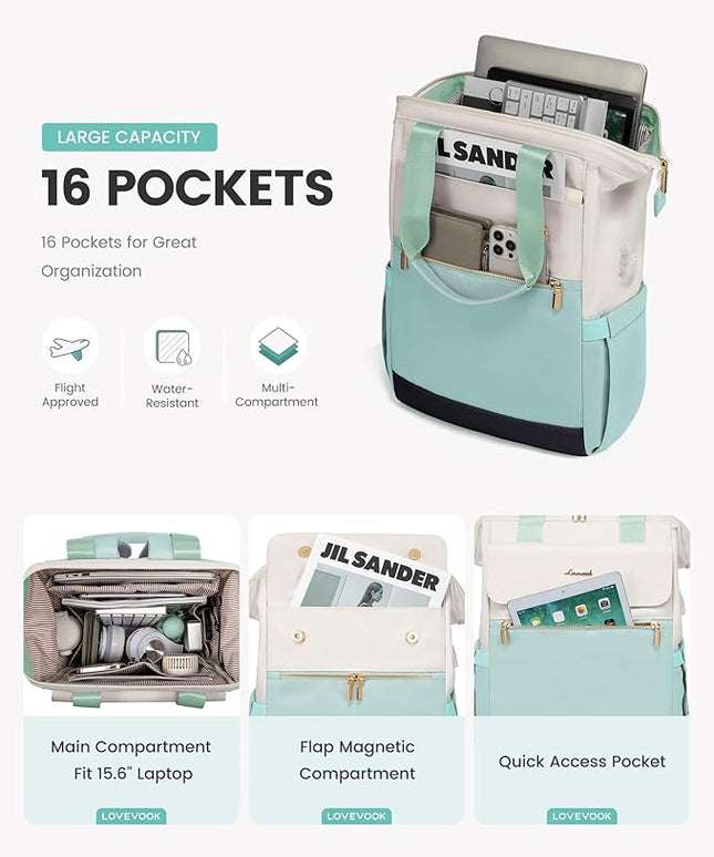 LOVEVOOK Laptop Backpack for Women, 15.6 Inch Work Laptop Bag with USB Port, Fashion Teacher Nurse Backpack Purse, Waterproof Travel Computer Backpack with Organizer Bag, 2PCS, Beige-Mint Green