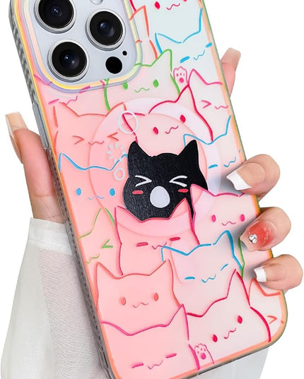 Cute Case for iPhone 14 Pro Max Case for Women Girls Boys [ Compatible with Magsafe ] Iridescent and Black Cats Cat Pattern Design, Kawaii Colorful Animal Soft Bumper Protective Phone Cover