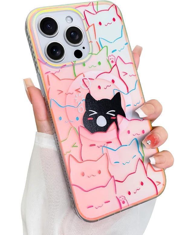 Cute Case for iPhone 14 Pro Max Case for Women Girls Boys [ Compatible with Magsafe ] Iridescent and Black Cats Cat Pattern Design, Kawaii Colorful Animal Soft Bumper Protective Phone Cover