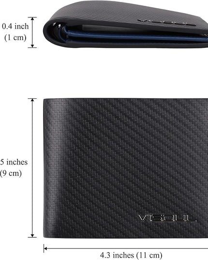 VISOUL Leather Mens Bifold RFID Blocking Wallet with 2 ID Windows, Leather Wallet for Men (Carbon Fiber, Black+Blue)
