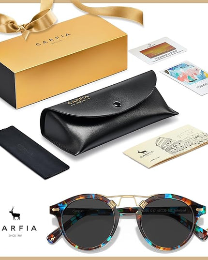 CARFIA Small Face Acetate Polarized Sunglasses for Women UV Protection, Retro Double Bridge Eyewears Metal Brow Round Sunnies