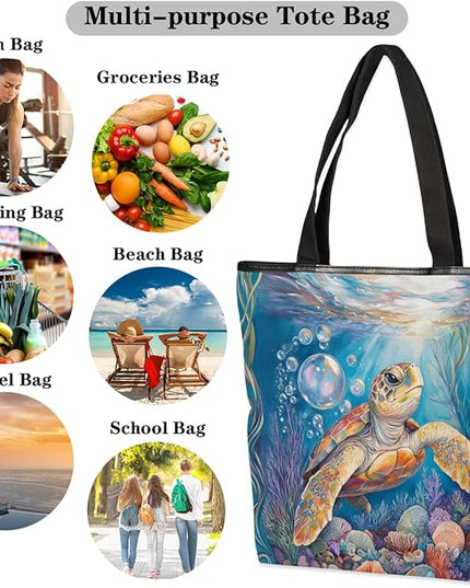 Pardick Canvas Tote Bags, Ocean Turtle Tote Bag Eco Friendly Reusable Grocery Shopping Bagsfor Beach, Books, Women with Zipper Inner Pocket