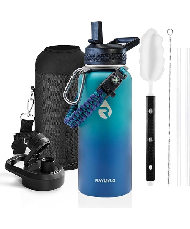 Insulated Water Bottle 32 oz, Triple Wall Vacuum Stainless Steel (Cold for 48 Hrs), Leak Proof & Non-BPA, Modern Water Flask Jug with Paracord Handle & Straw Spout Lids, Cyan Blue