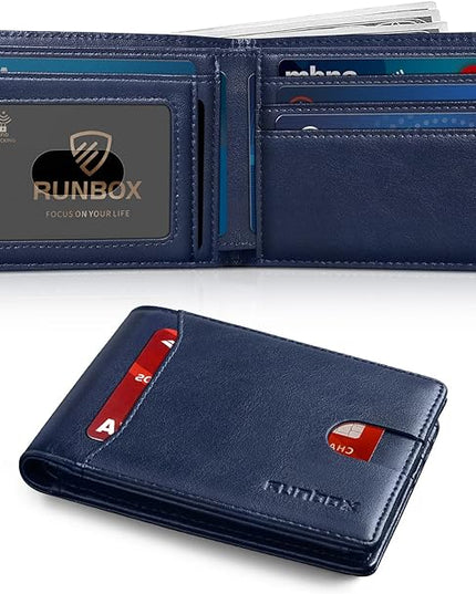 RUNBOX Wallet for Men Slim 11 Credit Card Holder Slots Leather RFID Blocking Small Thin Men's Wallet Bifold Minimalist Front Pocket Large Capacity Gift Box
