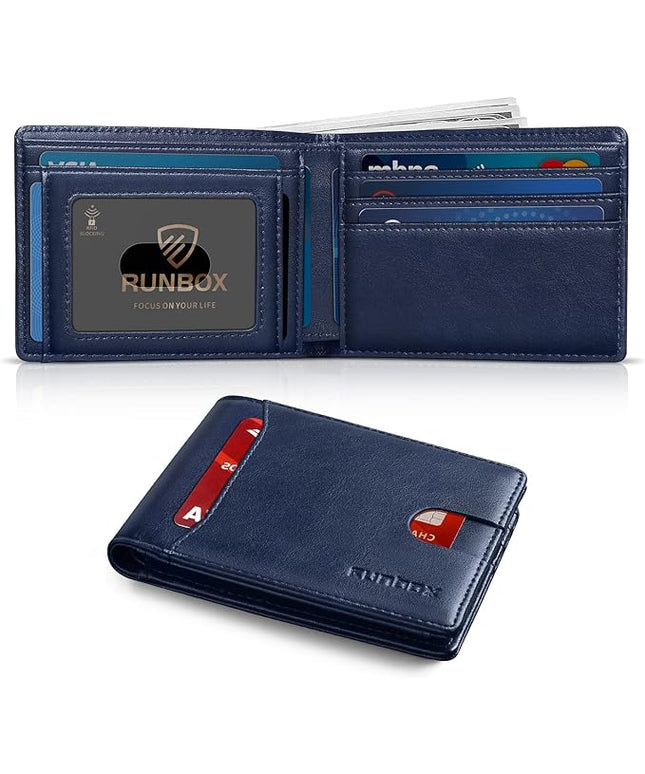 RUNBOX Wallet for Men Slim 11 Credit Card Holder Slots Leather RFID Blocking Small Thin Men's Wallet Bifold Minimalist Front Pocket Large Capacity Gift Box