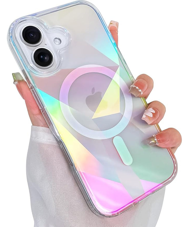 Cute Case for iPhone 16 Plus Case for Women Girls [ Compatible with Magsafe ] Clear Glitter Girly Aesthetic Rainbow Sparkly Bling Magnetic Phone Cover, Iridescent Geometry