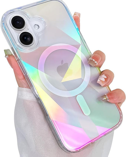 Cute Case for iPhone 17 Case for Women Girls [ Compatible with Magsafe ] Clear Glitter Girly Aesthetic Rainbow Sparkly Bling Magnetic Phone Cover, Iridescent Geometry