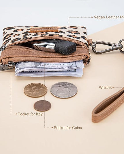 Montana West Wrangler Small Wallet for Women Leopard Print Wristlet Wallets Mini Change Pouch Tan