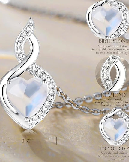 FANCIME 14K Solid White Gold Heart Birthstone Necklace with Diamond Pendent Birthday Gifts for Mom Women, Sterling Silver Chain 16" + 2" Extender