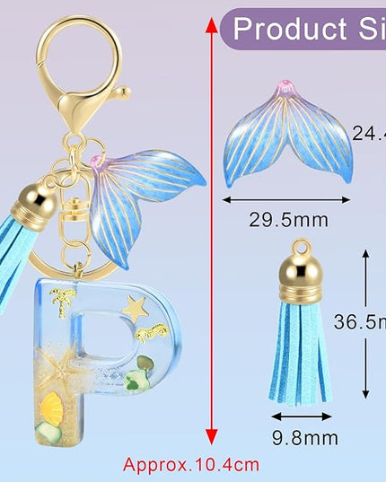 Initial letter Keychains for Women, Ocean Series Avowing Protect Earth Environment, Tassel Cute Car Keychain Initial Key Chain Keyring for Bookbag Handbag Backpack Charm Key Ring Unisex (Letter P)