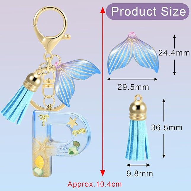 Initial letter Keychains for Women, Ocean Series Avowing Protect Earth Environment, Tassel Cute Car Keychain Initial Key Chain Keyring for Bookbag Handbag Backpack Charm Key Ring Unisex (Letter P)