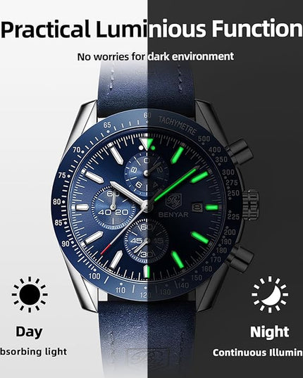 BY BENYAR Watch for Men Analog Quartz Chronograph Waterproof Luminous Designer Mens Wrist Watches Business Work Sport Casual Dress Watch with Silicone Strap Elegant Gifts for Men