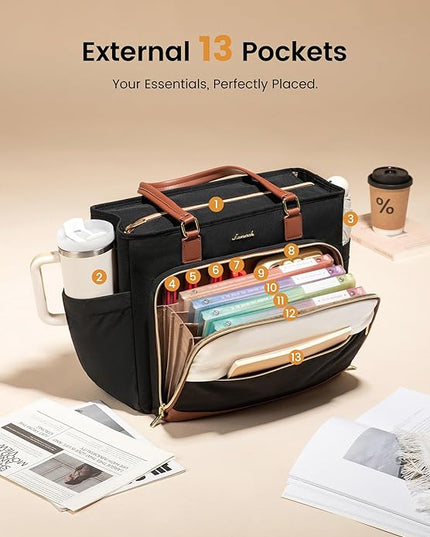 LOVEVOOK Teacher Tote Bag, Laptop Bag for Women with Large Cup Holder & Accordion File Area, Work Tote Bag for Business