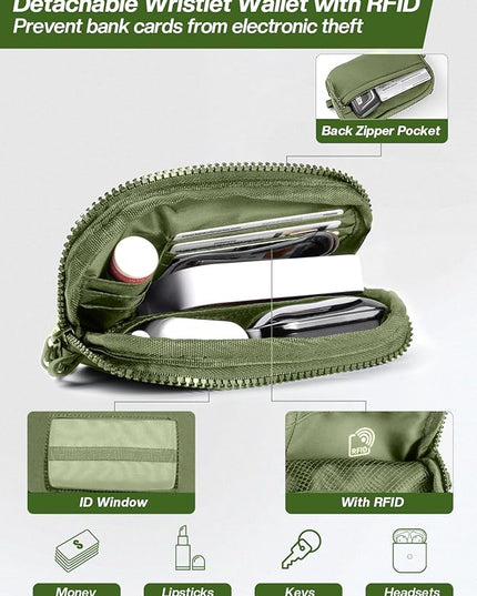 Clip and Go Strap for Phone with Wallet Crossbody Phone Lanyard Adjustable and Detachable RFID Wristlet Wallet with ID Window and Zipper, Green