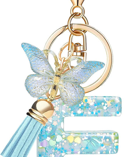 Fashion Alphabet Initial Letter Keychain Tassel Butterfly Pendant Key Ring for Purse Handbags Women Girl