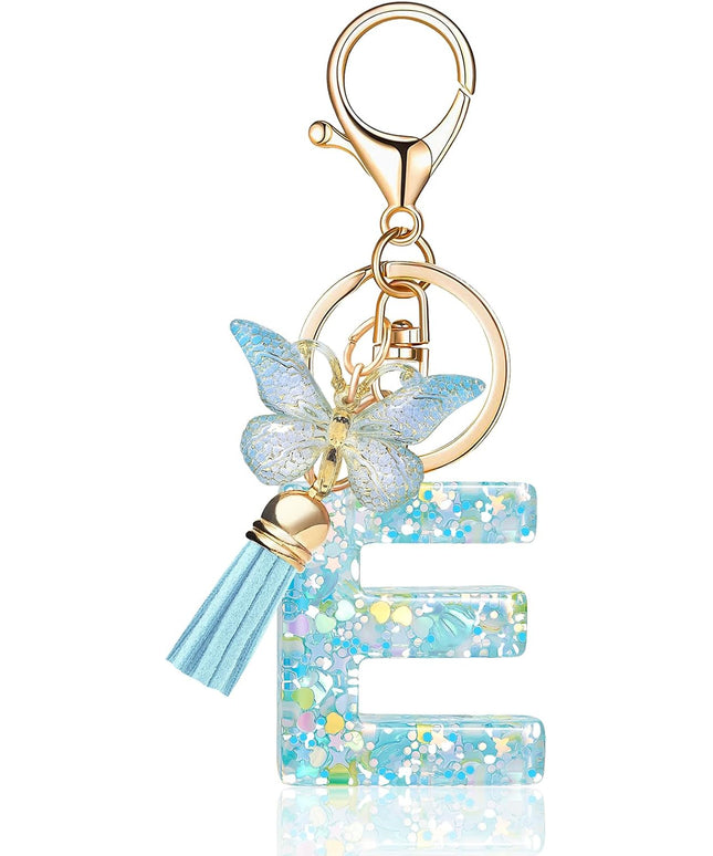 Fashion Alphabet Initial Letter Keychain Tassel Butterfly Pendant Key Ring for Purse Handbags Women Girl
