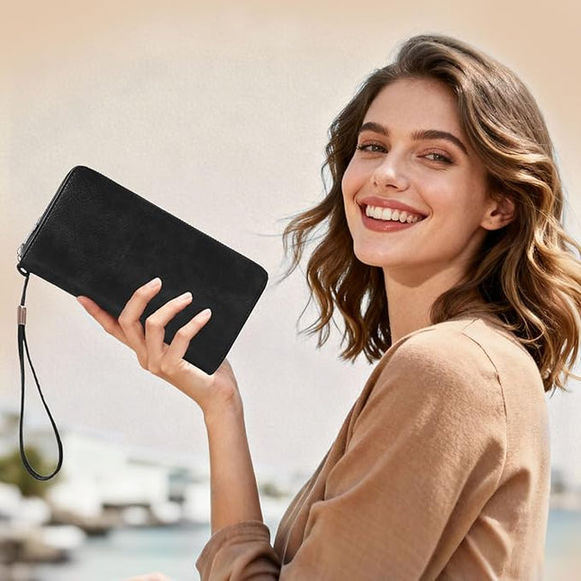 YAPAIOU Wallet For Women Large Capacity Wristlet Purse for Women RFID Blocking Multi Clutch Wallet Black