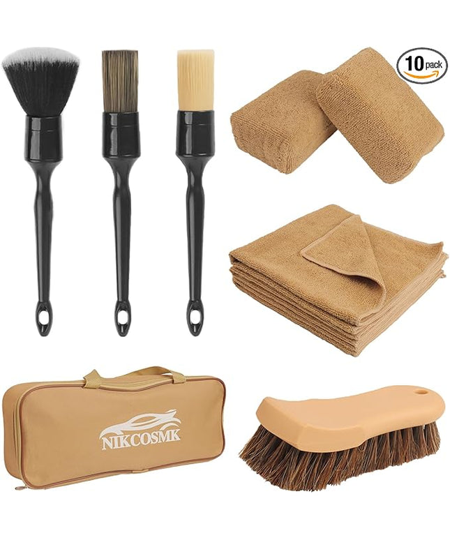 10PCS Car Cleaning Kit, Car Detailing Kit Interior Cleaner, Long Bristle Horse Hair Leather Cleaning Brush, Car Detailing Brushes, Microfiber Cloth & Applicator, Car Cleaning Supplies for Interior