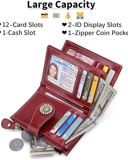 SENDEFN Small Womens Wallet Leather Bifold Card Holder RFID Blocking with Zipper Coin Pocket