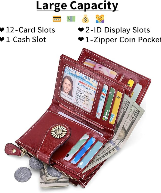 SENDEFN Small Womens Wallet Leather Bifold Card Holder RFID Blocking with Zipper Coin Pocket