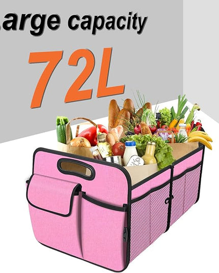 Trunk Organizer, Collapsible Trunk Organizers and Storage, Car Accessories for Women and Men, Multi-Compartment Trunk Storage Organizer for SUV, Car, Mini-Van, Pink