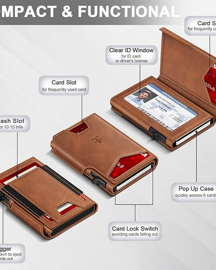 Wallet for Men Wallet with Slim Pop Up Card Holder 9-13 Cards, Bifold Minimalist Smart Wallet RFID Blocking Credit Card Holder with ID Window & Stretchable Cash Slot Compact Metal Aluminum Card Case