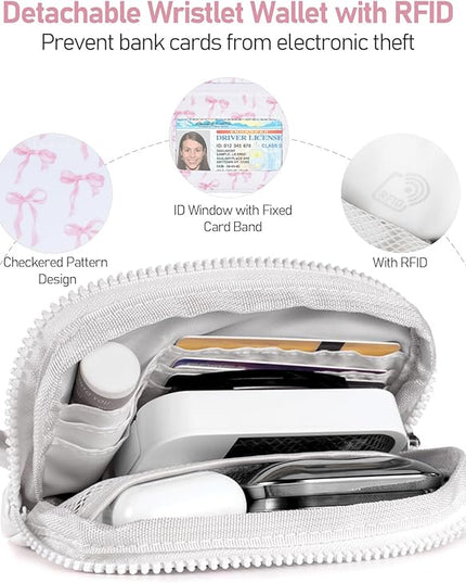 Clip and Go Strap for Phone with Wallet Crossbody Phone Lanyard and Detachable Checkered Bag with ID Window and RFID Pouch for Daily Travel. Bow