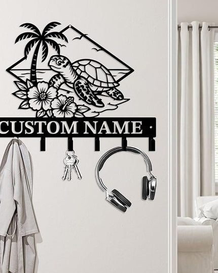 Casebrick Custom Sea Turtle Metal Wall Hooks,Key Holder-Personalized Iron Wall Decor for Keys, Coats & Home Organization (Black, Handmade,Decorative for Entryway, Beach,Bedroom,Office) (Style L)