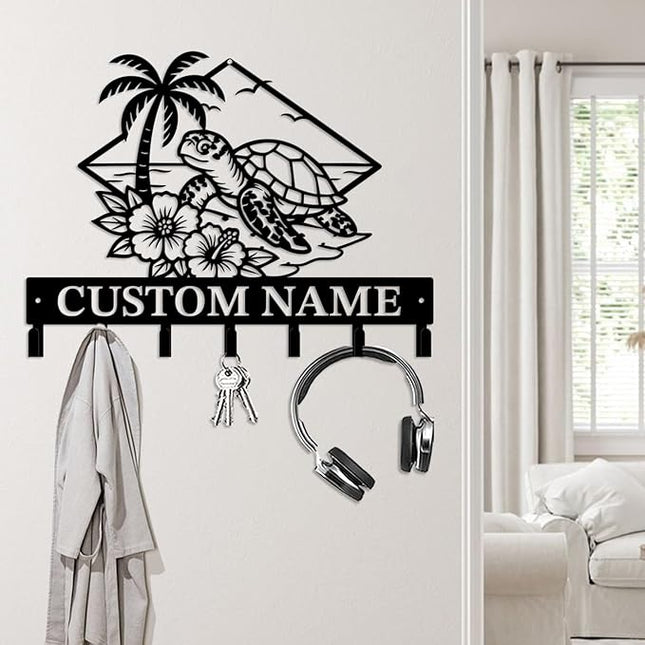 Casebrick Custom Sea Turtle Metal Wall Hooks,Key Holder-Personalized Iron Wall Decor for Keys, Coats & Home Organization (Black, Handmade,Decorative for Entryway, Beach,Bedroom,Office) (Style L)