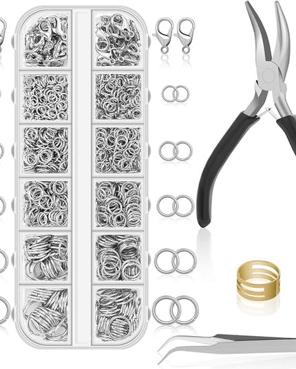 Anezus 1200PCS Jump Rings for Jewelry Making Kit, Jump Rings and Necklace Clasps with Jump Ring Pliers Tools for Jewelry Making Supplies and Necklace Repair (Silver)
