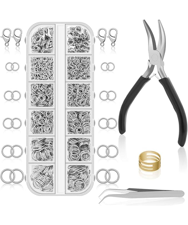 Anezus 1200PCS Jump Rings for Jewelry Making Kit, Jump Rings and Necklace Clasps with Jump Ring Pliers Tools for Jewelry Making Supplies and Necklace Repair (Silver)