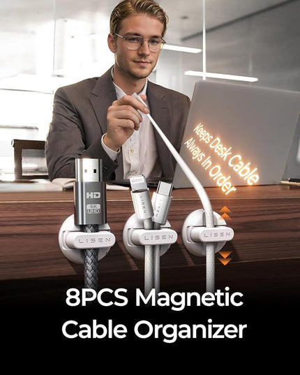 8 Pack Magnetic Cable Clips Organizer, LISEN Cord Holder for Nightstand [Smooth Adjustable] Adhesive Organizer for Cords Under Desk for Home Office Desk Car Wall Desktop Nightstand-White