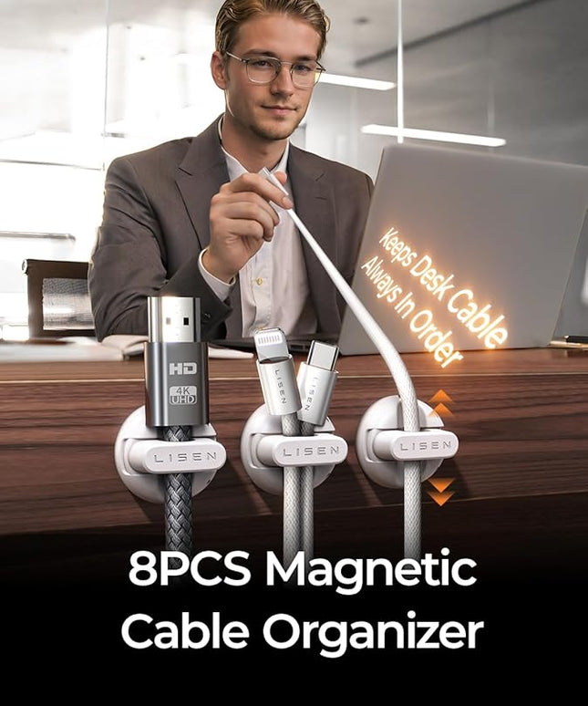 8 Pack Magnetic Cable Clips Organizer, LISEN Cord Holder for Nightstand [Smooth Adjustable] Adhesive Organizer for Cords Under Desk for Home Office Desk Car Wall Desktop Nightstand-White