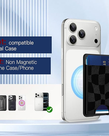 Stronger Magnetic Card Slot Wallet for iPhone 17/16/15/14/13/12 Series (Not for 13/12 Mini), Checkered Pattern Hard Card Holder Fit 3 Cards Compatible with Magsafe Accessories, Black