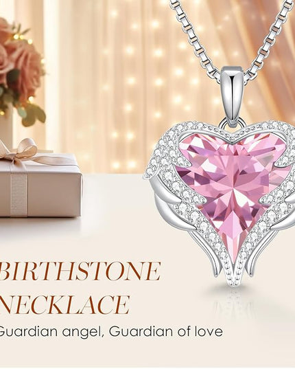 CDE Christmas Gifts for Women Angel Wings Necklace for Women with Birthstone, Love Heart Silver Tone/Gold Tone Pendant, Ideal Anniversary or Birthday Jewelry Gifts for Wife Girlfriend Her