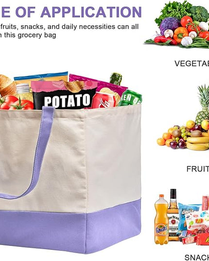 Reusable Grocery Bags Heavy Duty, 8.3 gal Foldable Large Canvas Tote Bag with Handles, Holds 60 lbs Canvas Shopping Bags, 1 Pack（Off White+Light purple）