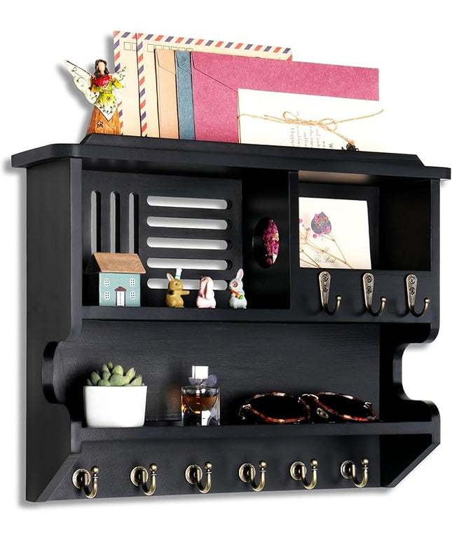 Mutsault Key Holder for Wall, Mail and Key Holder for Home Decor, Key and Mail Holder for Wall with Key Hooks, Black