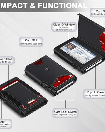 Wallet for Men Wallet with Slim Pop Up Card Holder 9-13 Cards, Bifold Minimalist Smart Wallet RFID Blocking Credit Card Holder with ID Window & Stretchable Cash Slot Compact Metal Aluminum Card Case